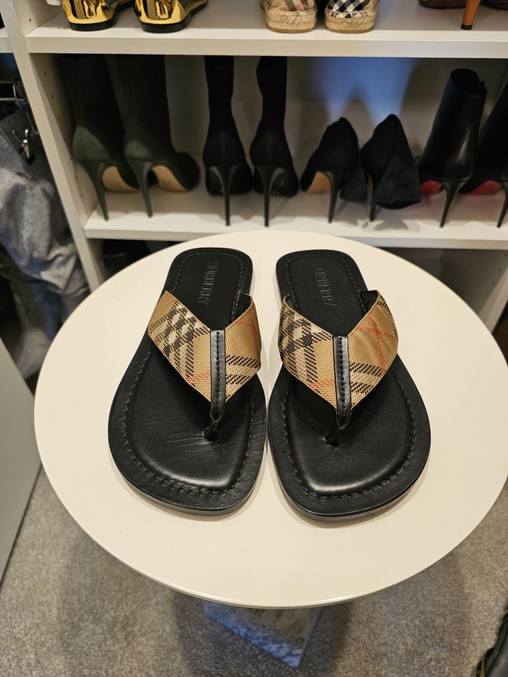 Burberry Black & Tan Plaid Thong Sandals